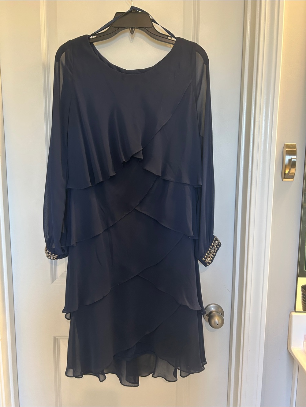Layered Navy Long-Sleeve Chiffon Dress with Embellished Cuffs